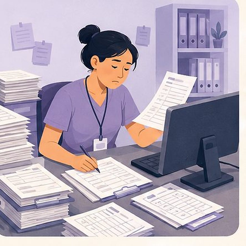 Illustration: a study coordinator transcribing stacks of paper case report forms