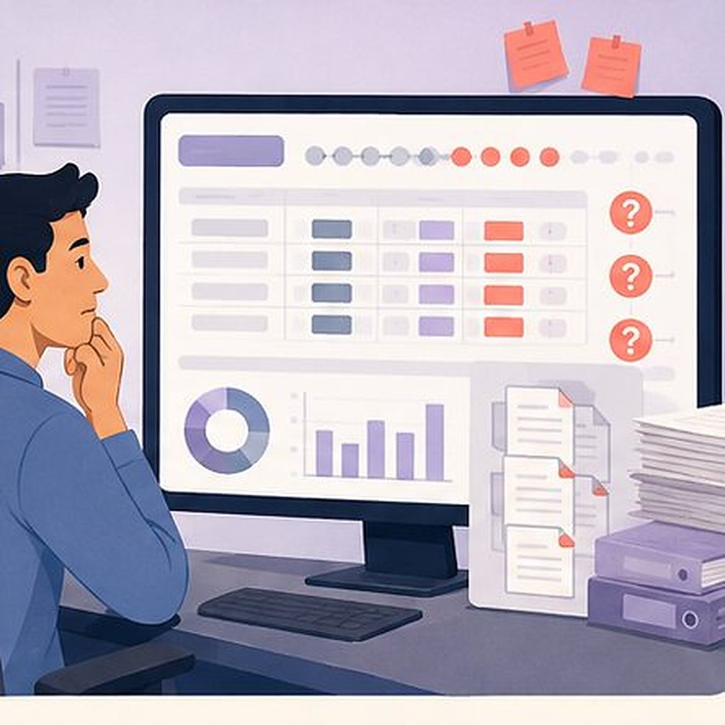 Illustration: a data manager confronting a screen full of flagged errors and open questions