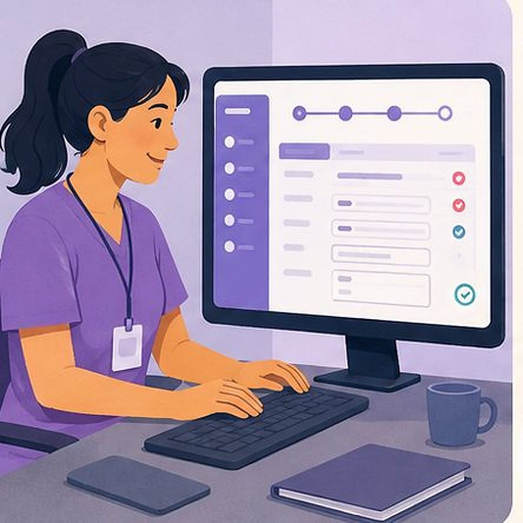 Illustration: a site coordinator entering data into a clean, structured case report form