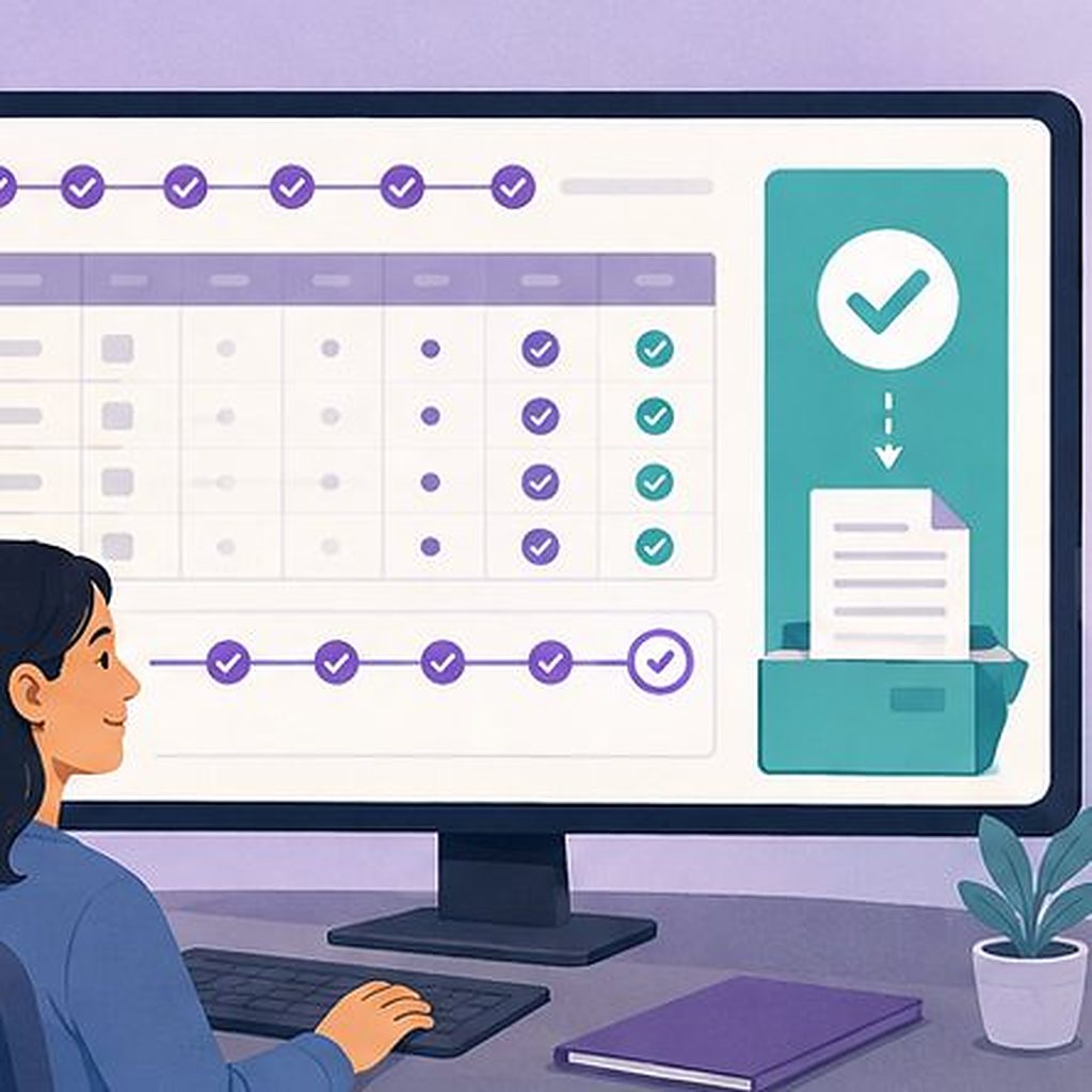 Illustration: a verified data table with every field checked, ready for sign-off