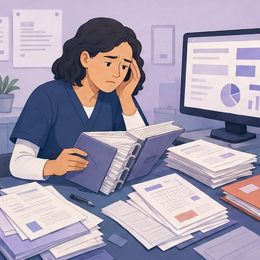 Illustration: a clinician surrounded by paper binders and loose session logs