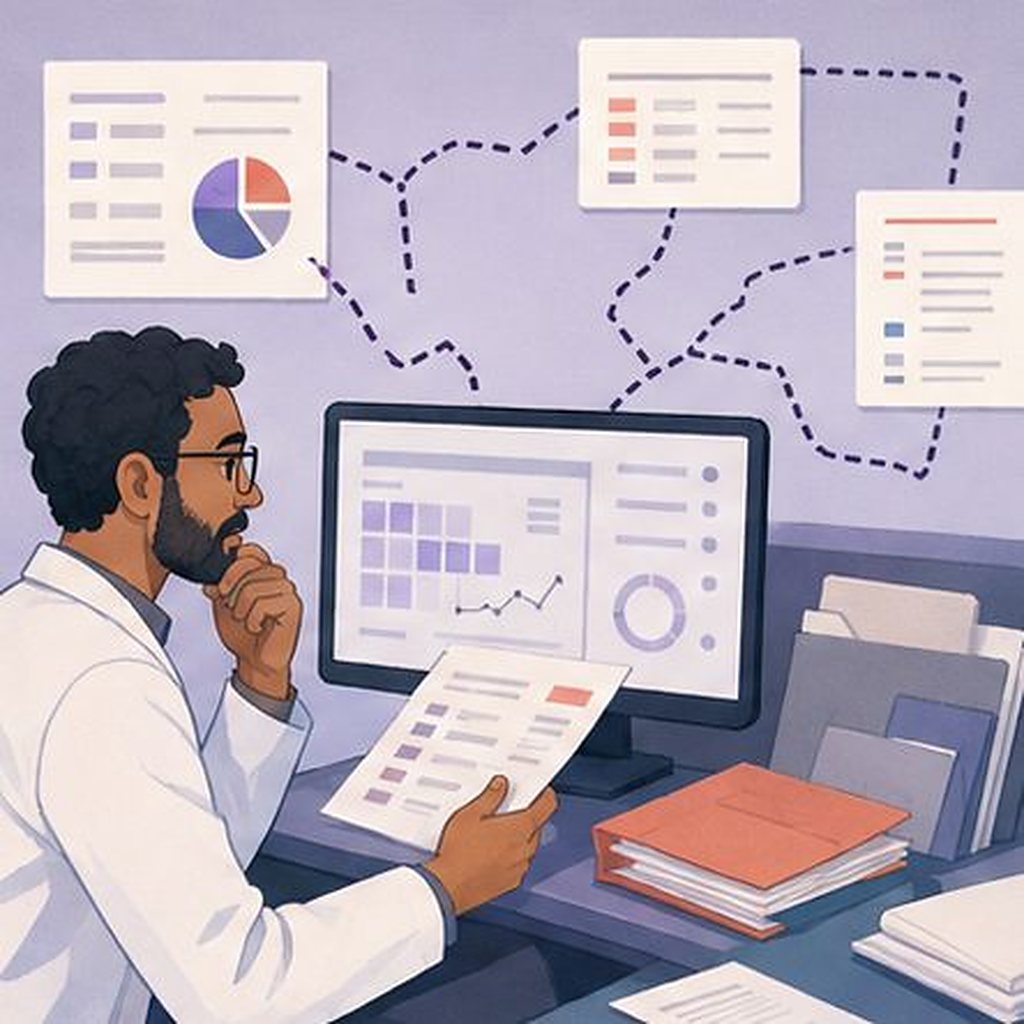 Illustration: a doctor puzzling over disconnected charts and papers that do not line up