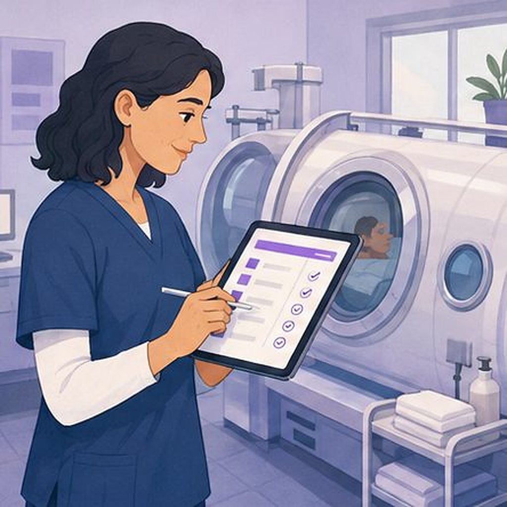 Illustration: a nurse recording a chamber session into structured fields on a tablet