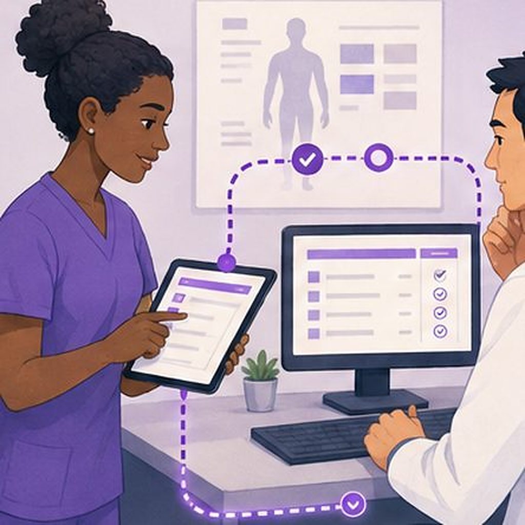 Illustration: a nurse and a doctor reviewing one shared, structured patient record