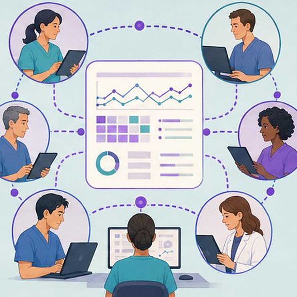 Illustration: clinicians at several units connected around one shared dataset