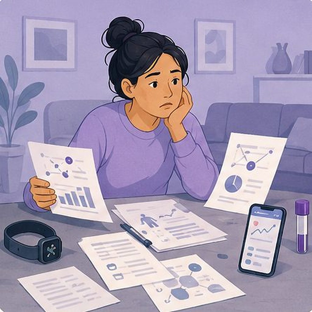 Illustration: a person at home with lab printouts in one pile and a wearable and phone in another