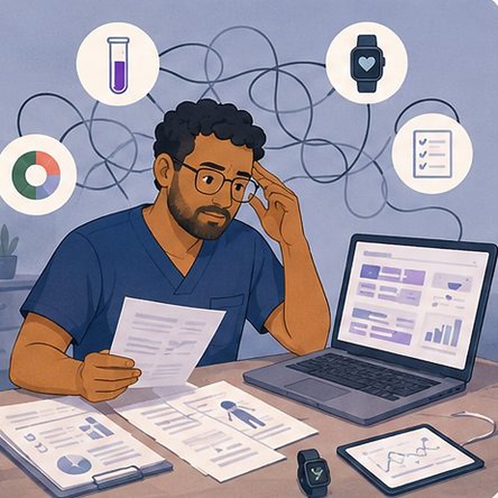 Illustration: a person tangled between lab values, wearable readings and a laptop that do not connect