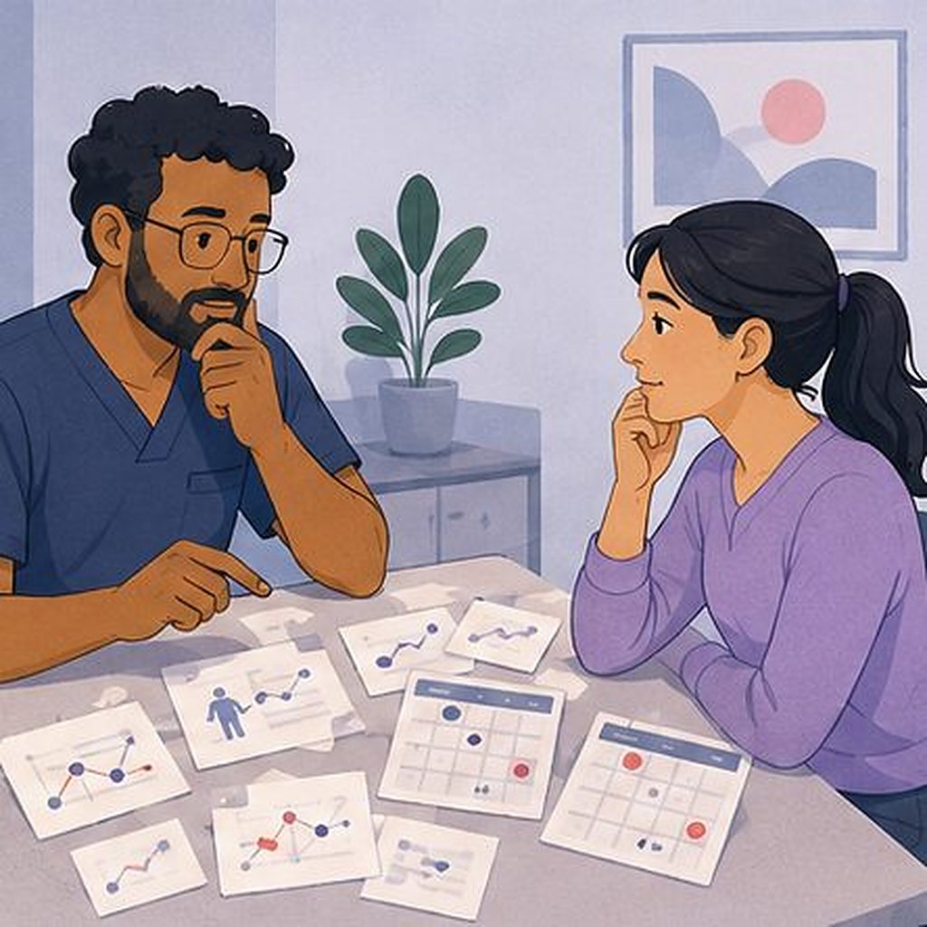 Illustration: a clinician and a client looking over scattered charts with no shared plan