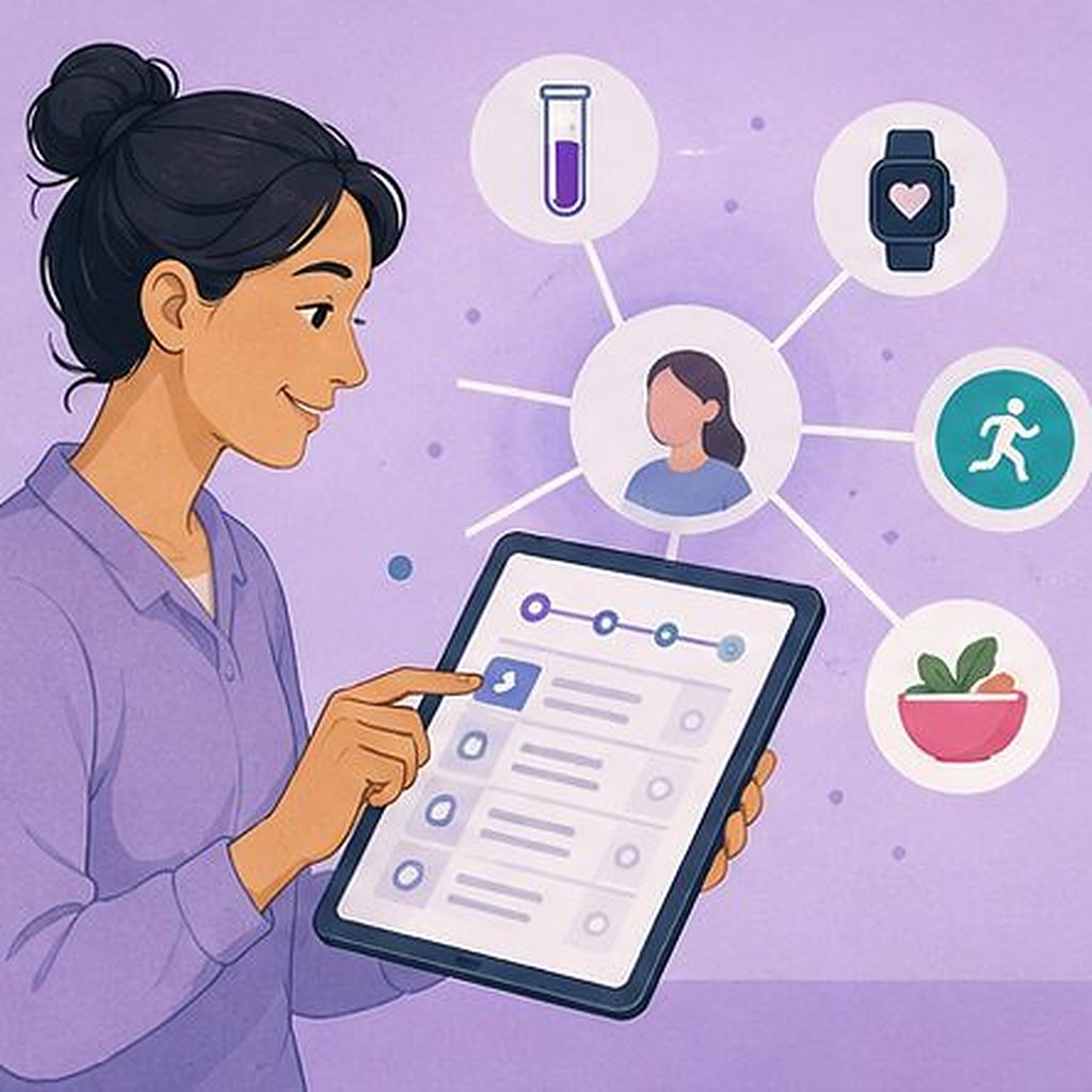 Illustration: lab results, wearable and activity data connected into one profile on a tablet