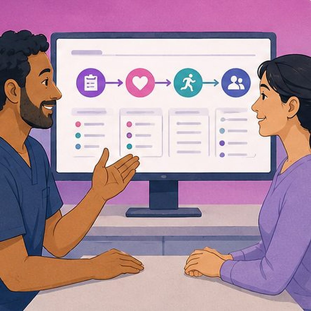 Illustration: a clinician and a client walking through a step-by-step plan on screen