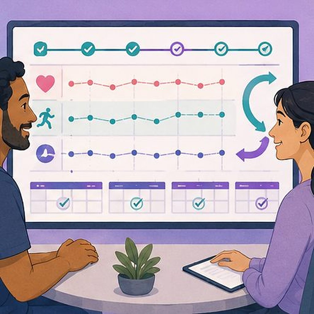 Illustration: trend lines and completed check-ins reviewed together on a large screen