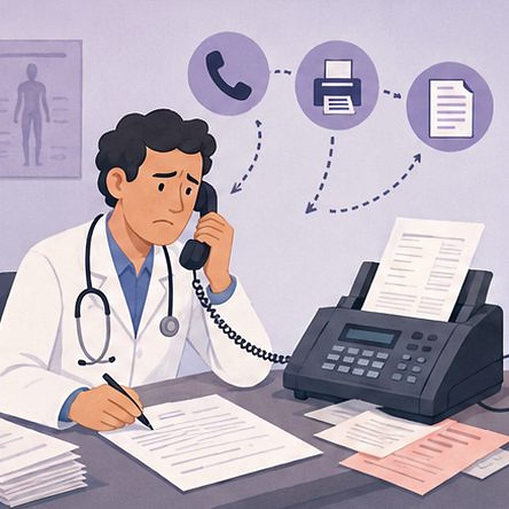 Illustration: a general practitioner on the phone beside a fax machine, taking notes by hand