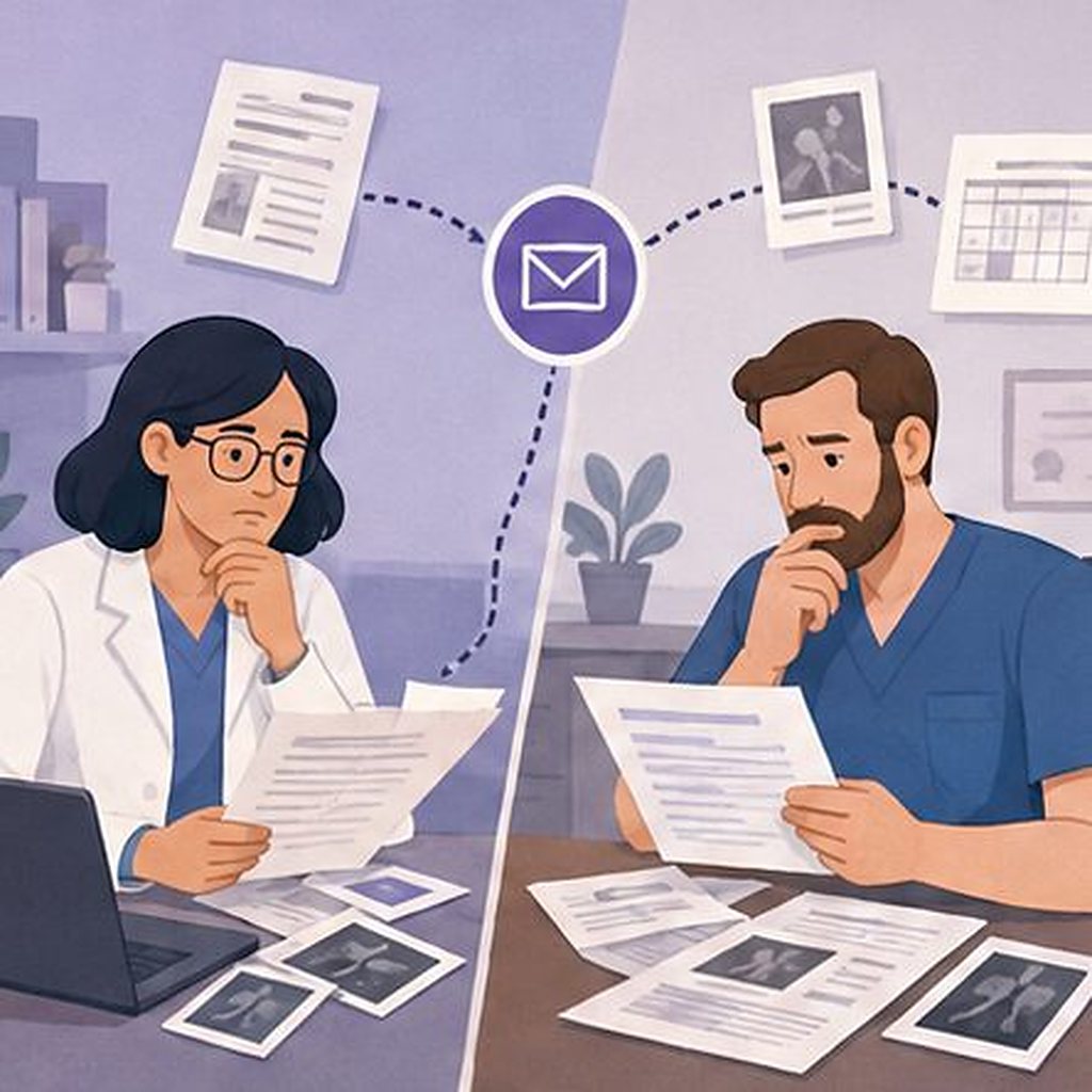 Illustration: two doctors puzzling over posted papers and images with the clinical context missing