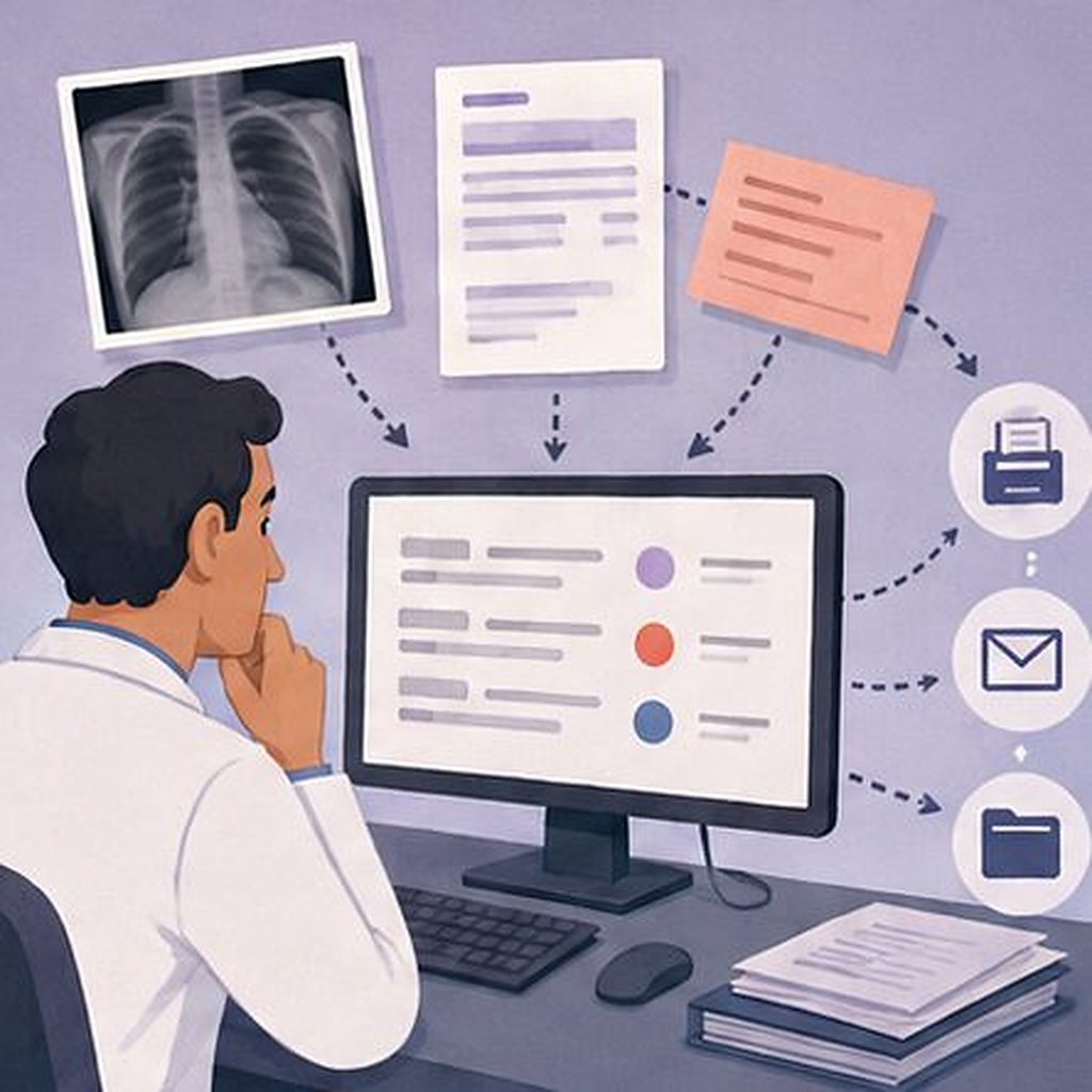Illustration: a doctor manually shuffling files between printer, mail and folders