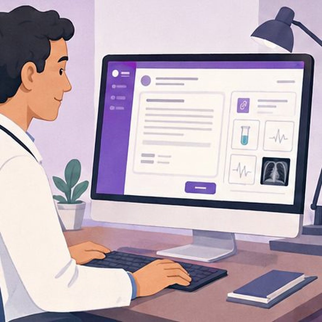 Illustration: a doctor composing a structured consultation request in defined fields