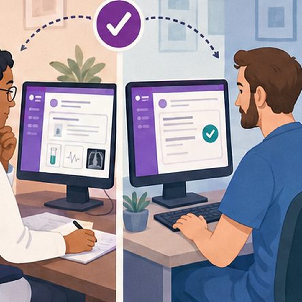 Illustration: two doctors at their own desks, linked by one confirmed consultation record