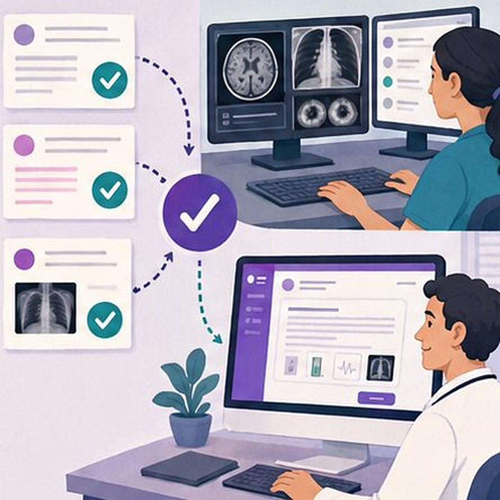 Illustration: the specialist assessment returned with imaging reviewed and the case documented